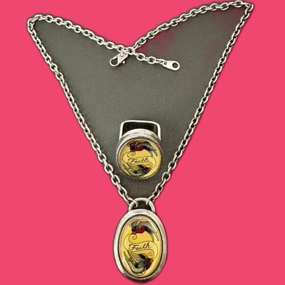 Classic Hardware Tattoo FAITH Swallow Bird Pendant Necklace & Ring Set - Picture 3 of 4